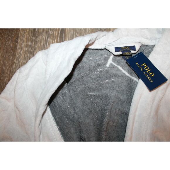 NWT RALPH LAUREN Large Polo Pony Plush Velour Bath Robe White Gray $150 - Picture 8 of 9